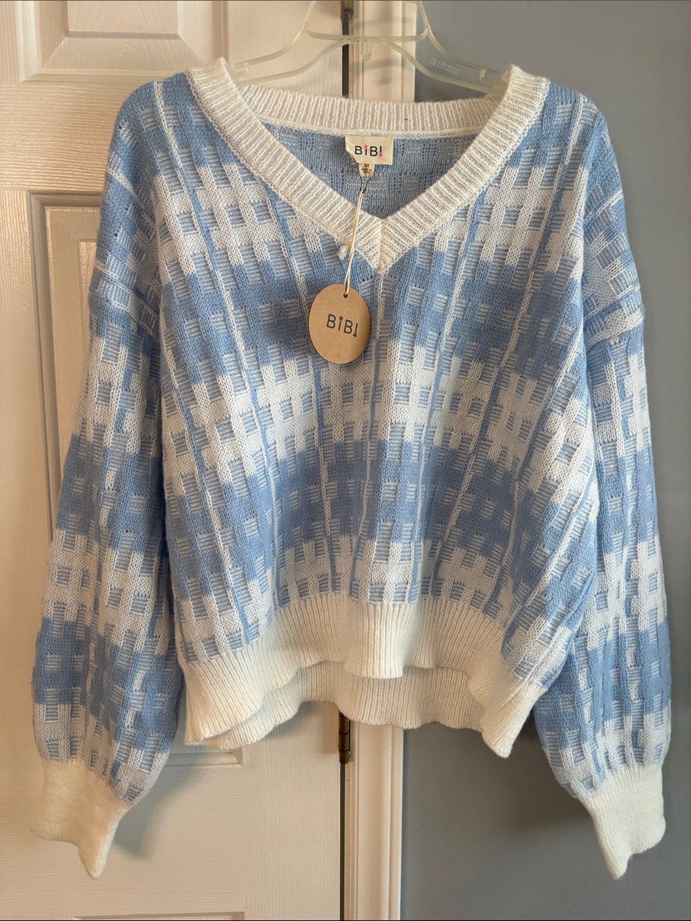 BiBi Light Blue & White V-Neck Check Knit Sweater